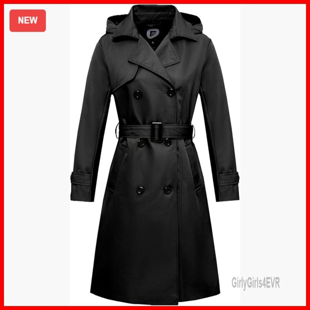 Long Waterproof Trench Coat with Detachable Hood, Belted Double Breasted